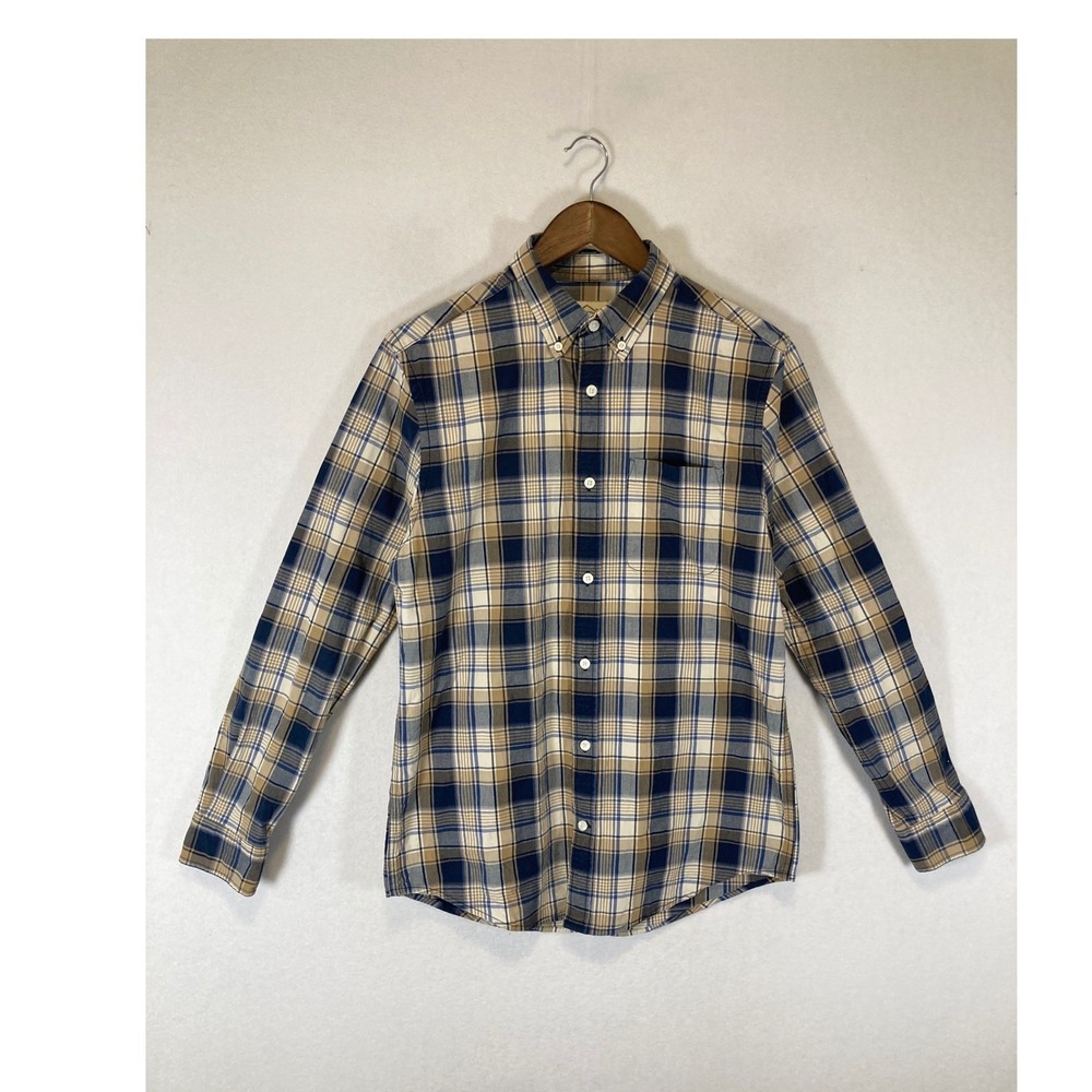 Classic Americana St. Johns Bay Mens Small Tan Navy Plaid Button Down Shirt
